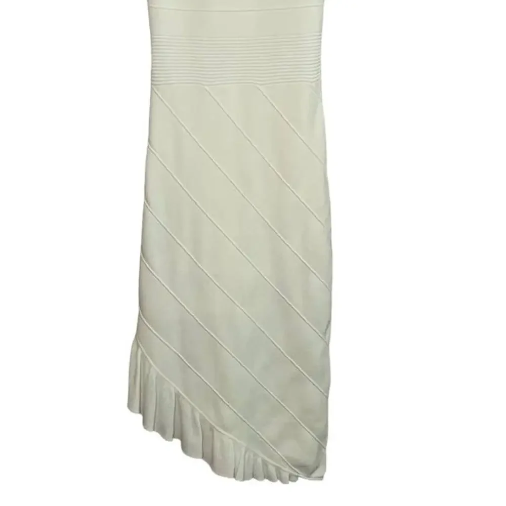 NWT Bebe White Bodycon Scalloped Neckline Mesh Ruffled Diagonal Bottom Dress XS - Picture 6 of 9